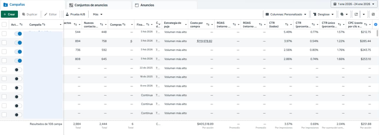 Meta Ads Rusticor — Enero: CTR/CPL y volumen